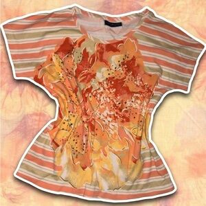 Karen Scott Coral and Yellow Floral Stripe Short Sleeve Top